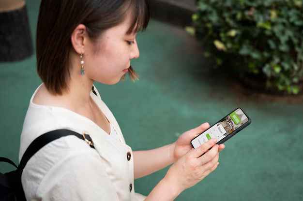 A young woman intently looking at her phone scree
